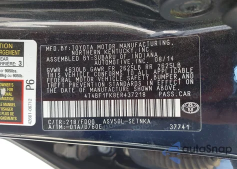 2014 Toyota Camry Le from USA, damaged, VIN 4T4BF1FK8ER437218
